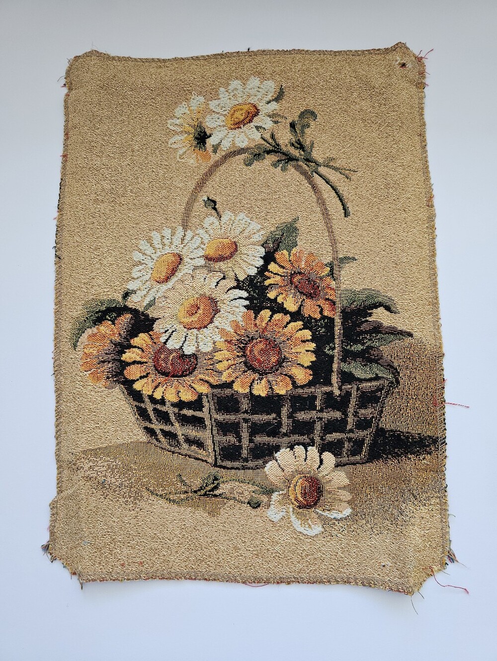 Vintage Russian Gobelen Tapestry Panel - Daisy & Sunflower Floral Basket